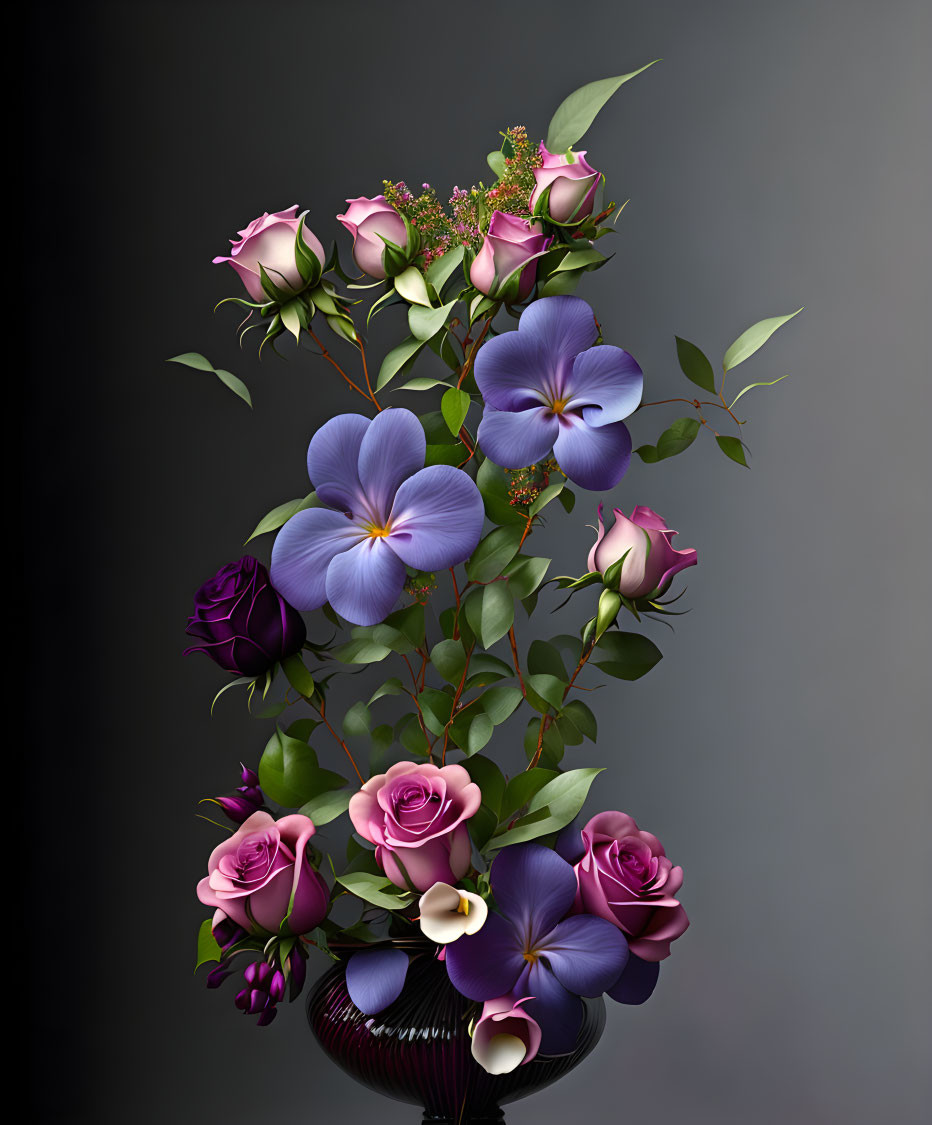 Purple and Pink Roses with Blue Flowers in Wicker Vase