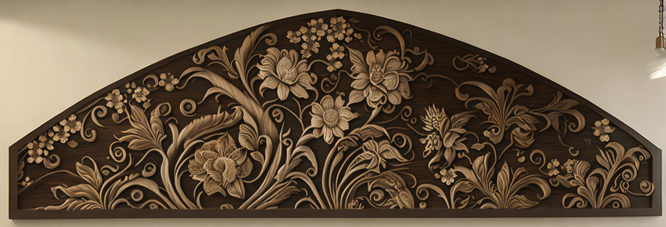 Intricate Floral Carved Wooden Panel on Light-Colored Wall