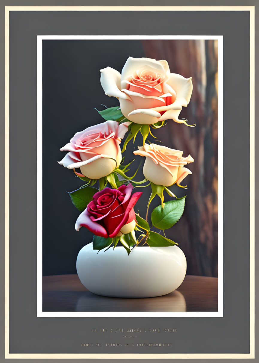 Digitally-created pink and white rose bouquet in white vase on dark background