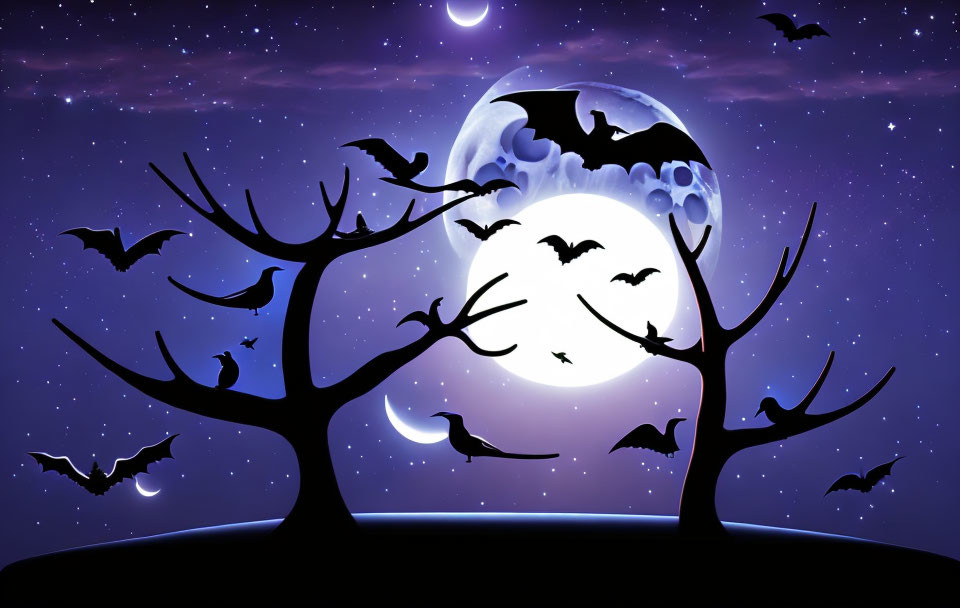 Night Sky with Silhouetted Trees, Bats, and Crescent Moon