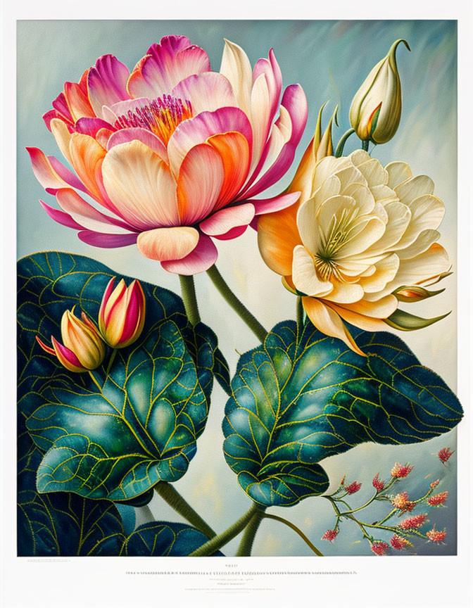 Colorful Lotus Flower Painting with Detailed Leaves on Pale Background