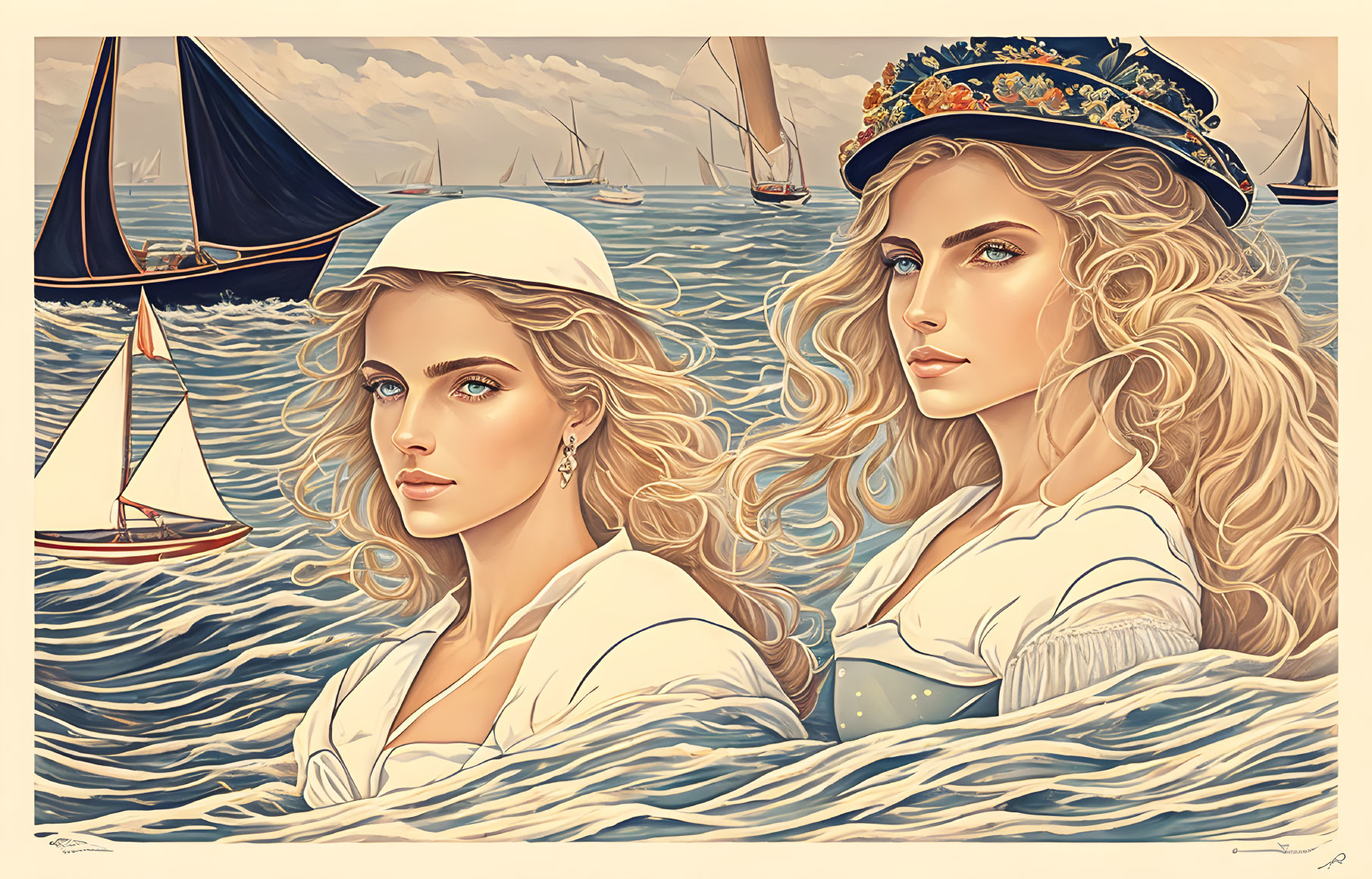 Maritime-themed illustration with two women merging with the sea