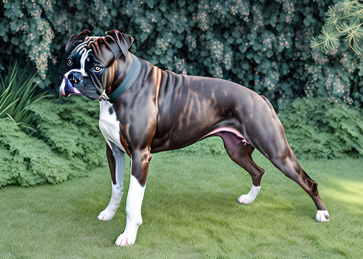 Brown and White Boxer Dog on Grass with Dense Hedge Backdrop