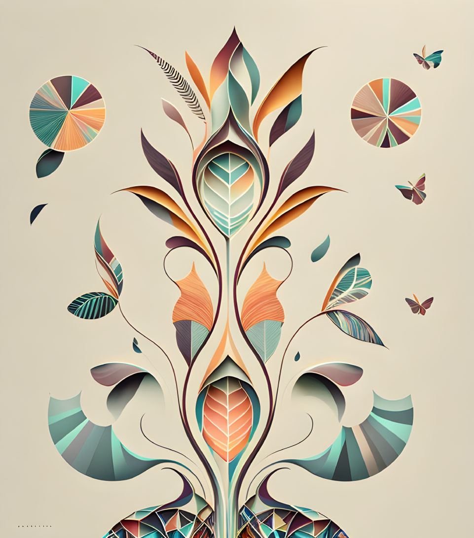 Symmetrical plant with colorful leaves and butterflies in paper-art style