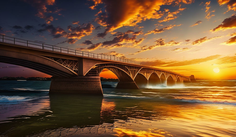 Fiery sky sunset over arched bridge and water