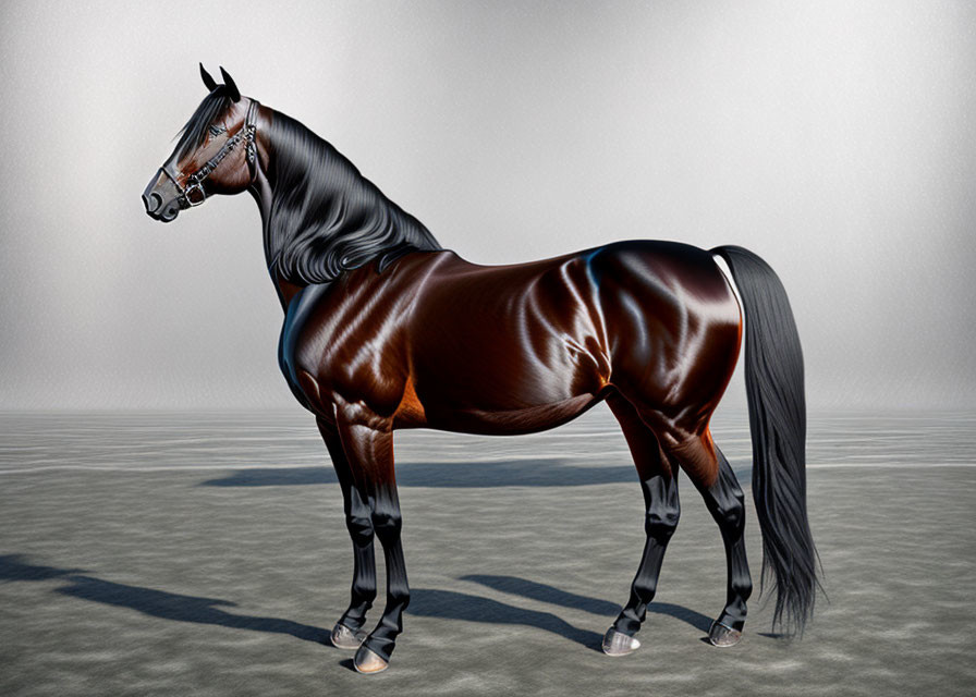 Realistic 3D rendering of a sleek bay horse