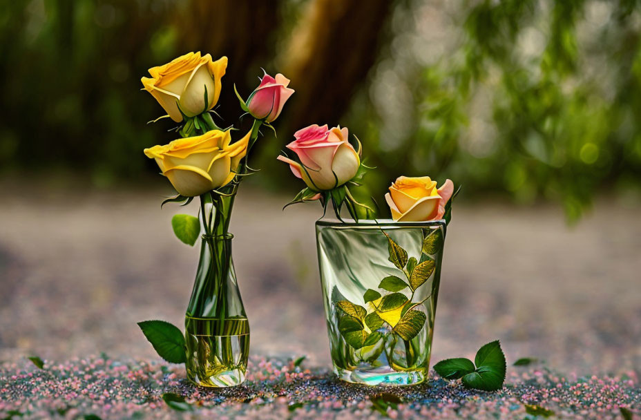 Glass vases with yellow and pink roses on textured surface, greenery in background