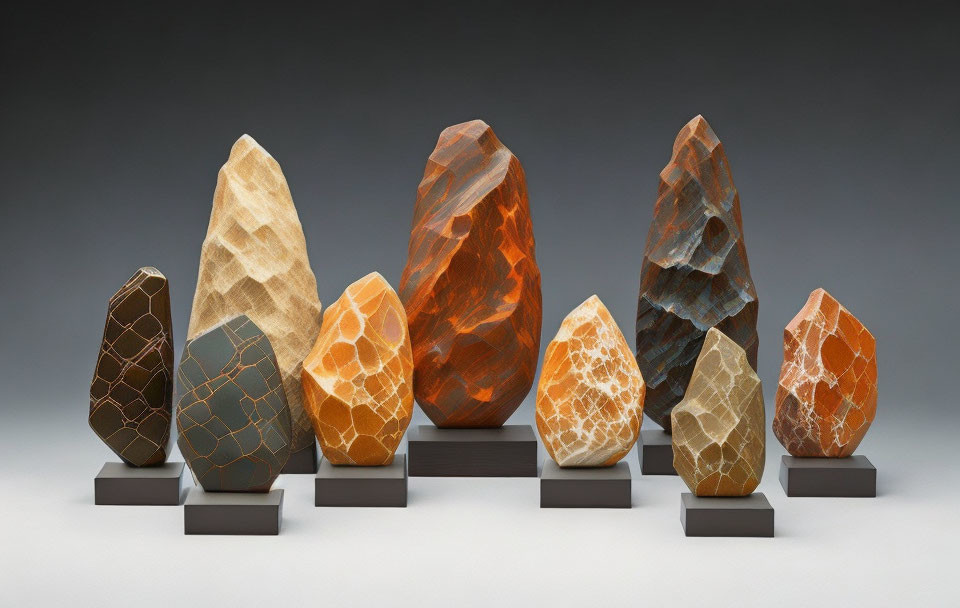 Seven polished gemstone sculptures in dark brown to orange colors on gray background