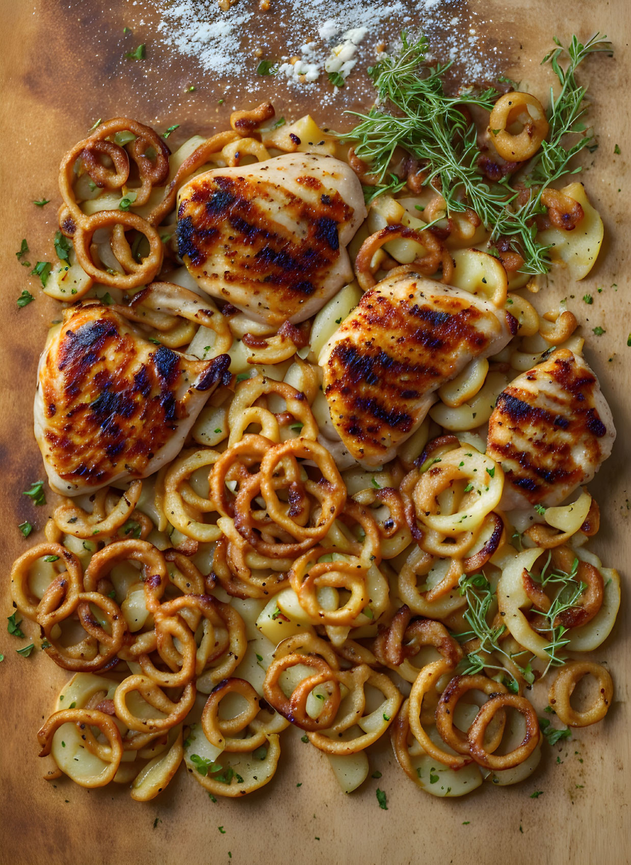 Grilled Chicken Breasts with Roasted Potatoes, Pretzels, Herbs, and White