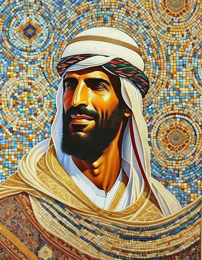 Man in Traditional Middle Eastern Attire Against Vibrant Mosaic Background