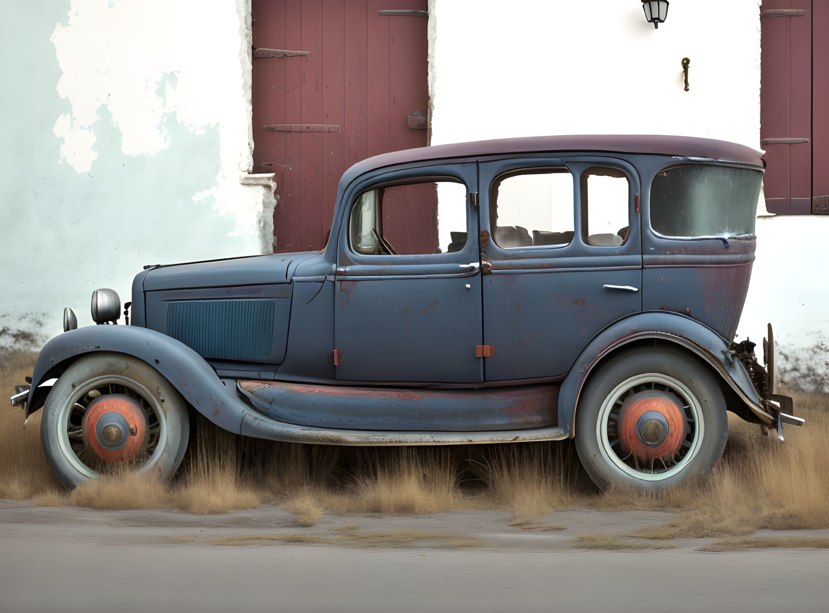 Vintage Blue Automobile with Orange Wheels Parked by Building with Red Doors and White Peeling Paint