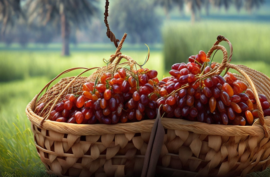 Ripe red grapes in wicker baskets against palm tree backdrop