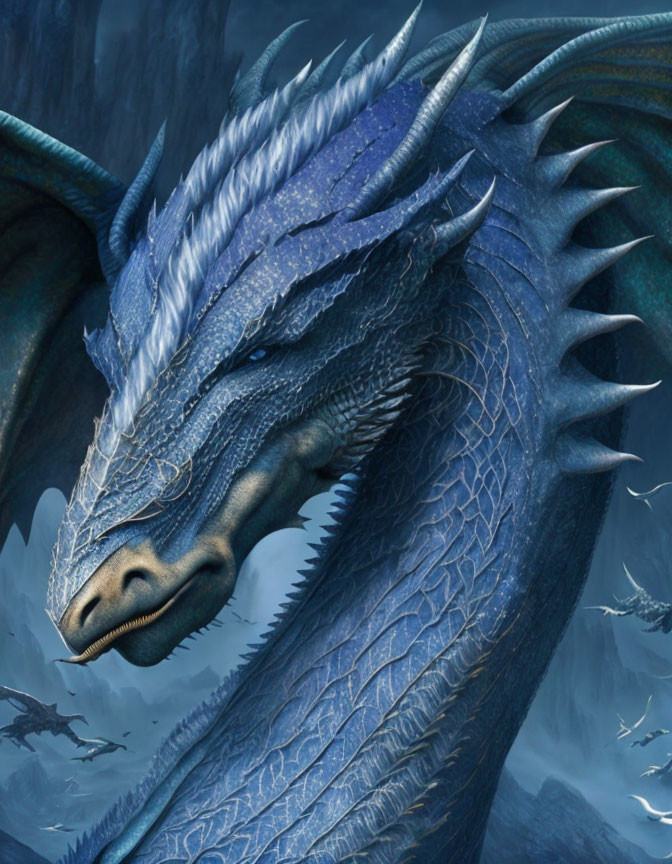 Blue Dragon with Sharp Horns Against Icy Cliffs