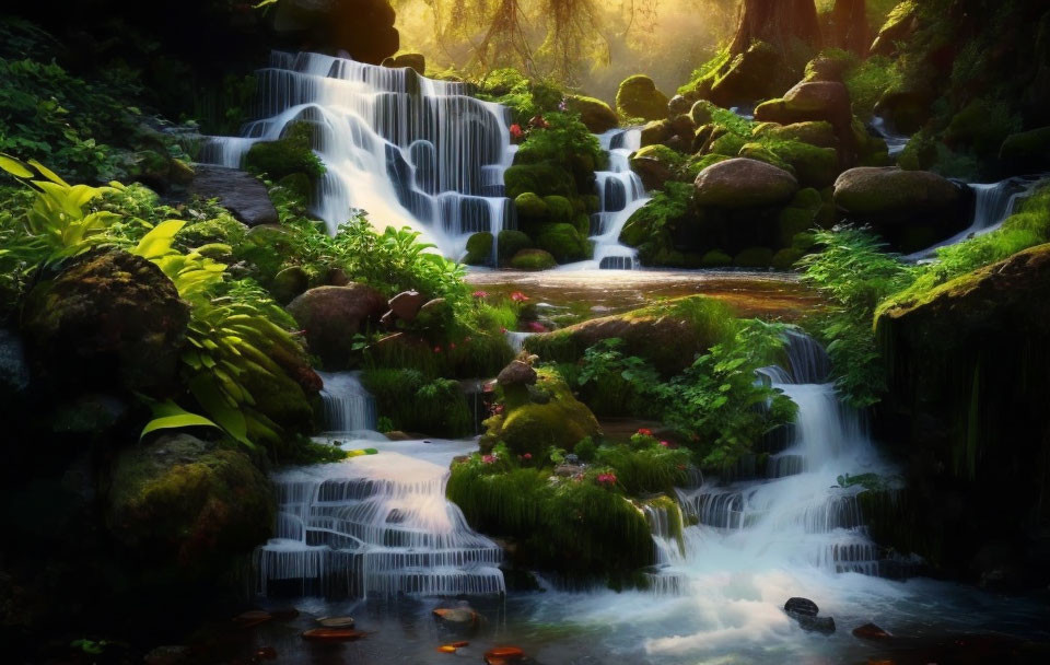 Tranquil waterfall in lush greenery with sunlight rays