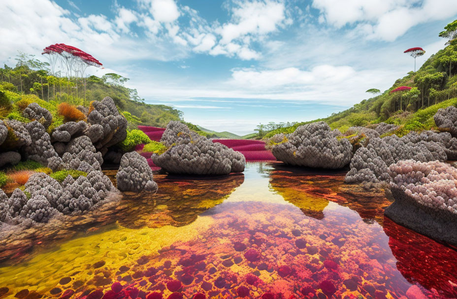 Colorful surreal landscape with crimson grass, mossy rocks, and patterned water.