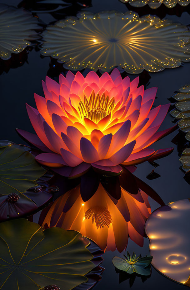 Digital Art: Luminescent Lotus Flower and Lily Pads on Tranquil Water