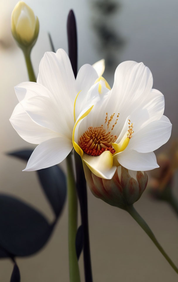 White Flower with Yellow Stamen and Unopened Buds on Blurred Background