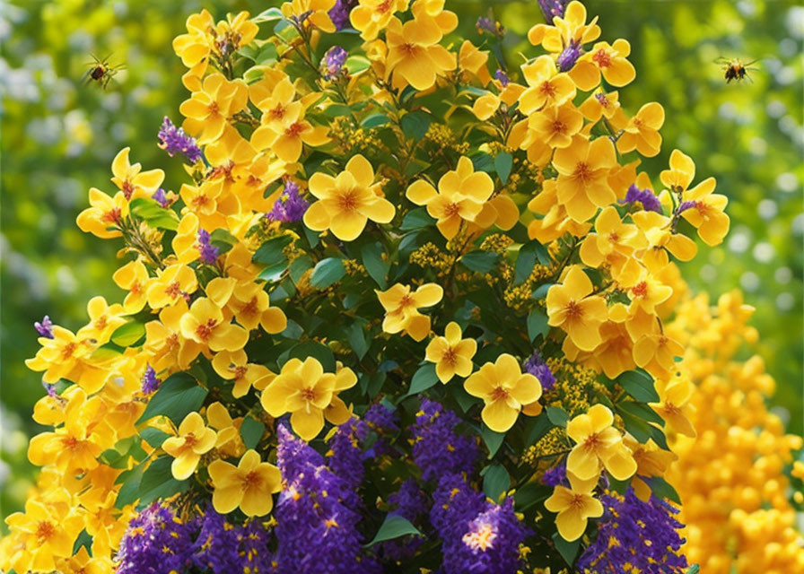 Yellow Flowers with Purple Accents and Bees on Blurred Green Background