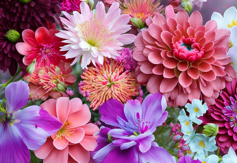 Colorful Bouquet of Blooming Flowers in Pinks, Purples, and Reds