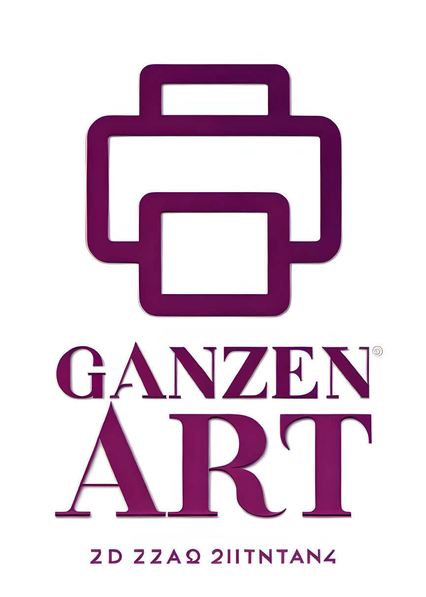 Purple abstract logo with layered squares and stylized text "GANZEN ART" and mirrored code.