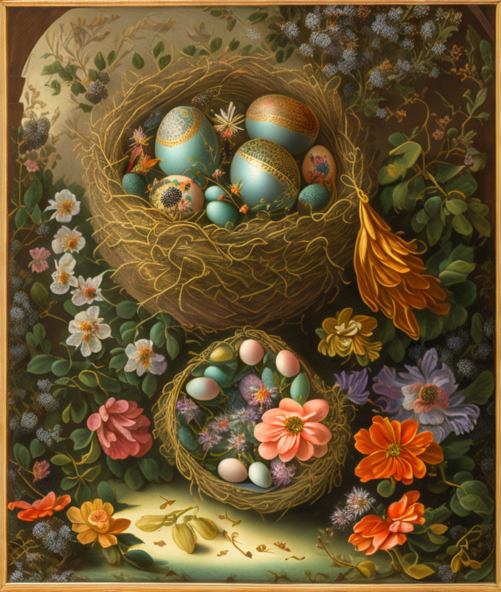 Detailed painting of bird nests, eggs, flowers, and foliage in golden hues