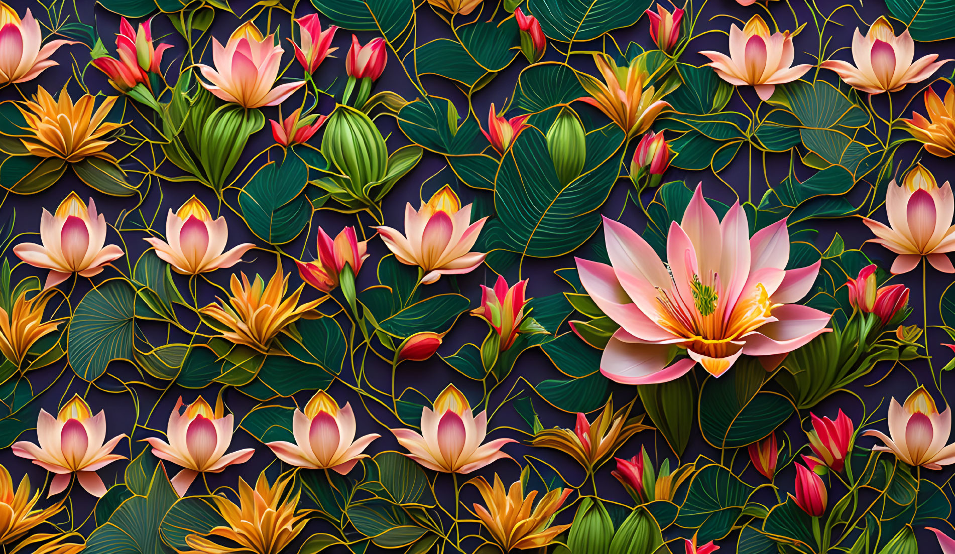 Floral Pattern with Pink Lotus Flowers on Dark Background