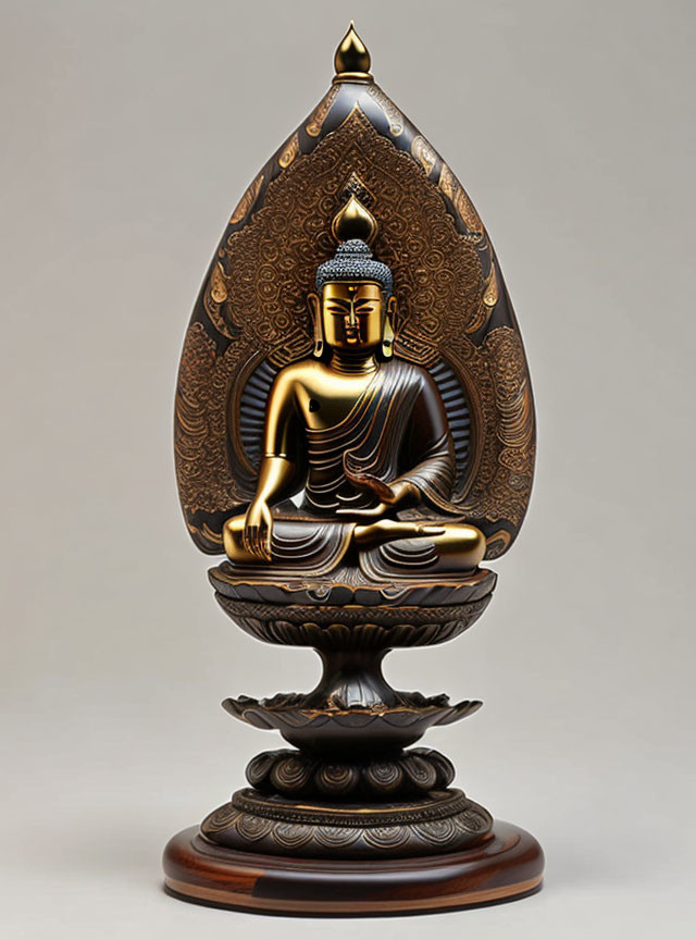 Intricate Buddha statue in meditation with flame aureole on decorative pedestal