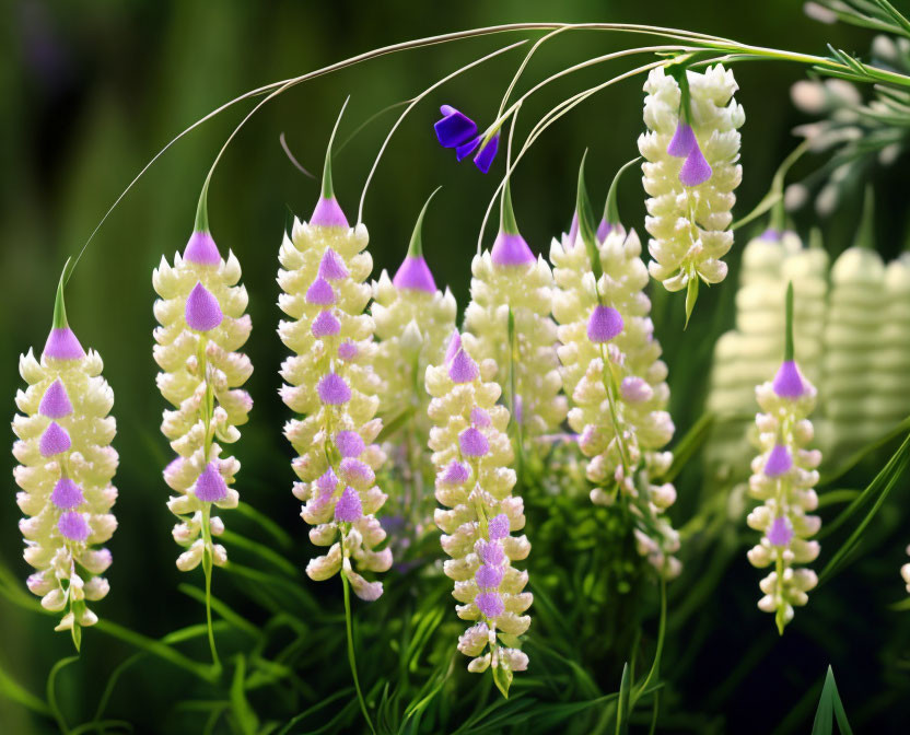 White and Purple Lupine Flowers with Single Blue Flower in Green Foliage