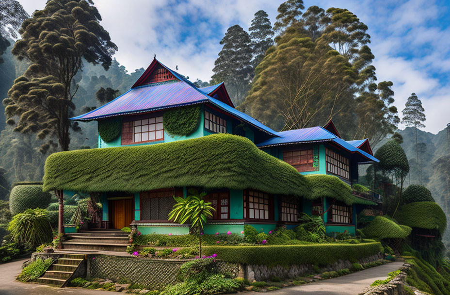 Vibrant blue roof house with green ivy against misty hills