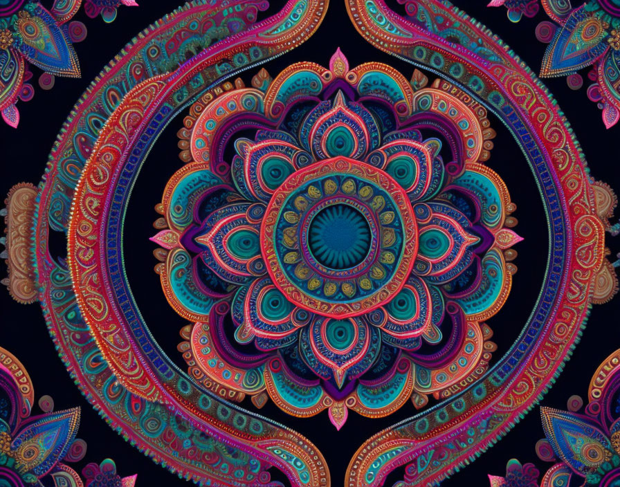 Colorful Mandala Design in Blue, Pink, and Purple on Dark Background