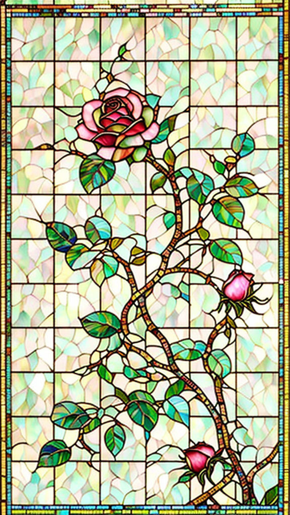 Vibrant Pink Rose Stained Glass Window with Geometric Pastel Background