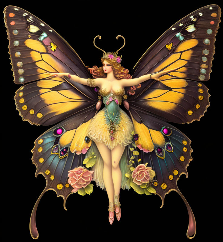 Fantasy illustration of woman with colorful butterfly wings and floral costume