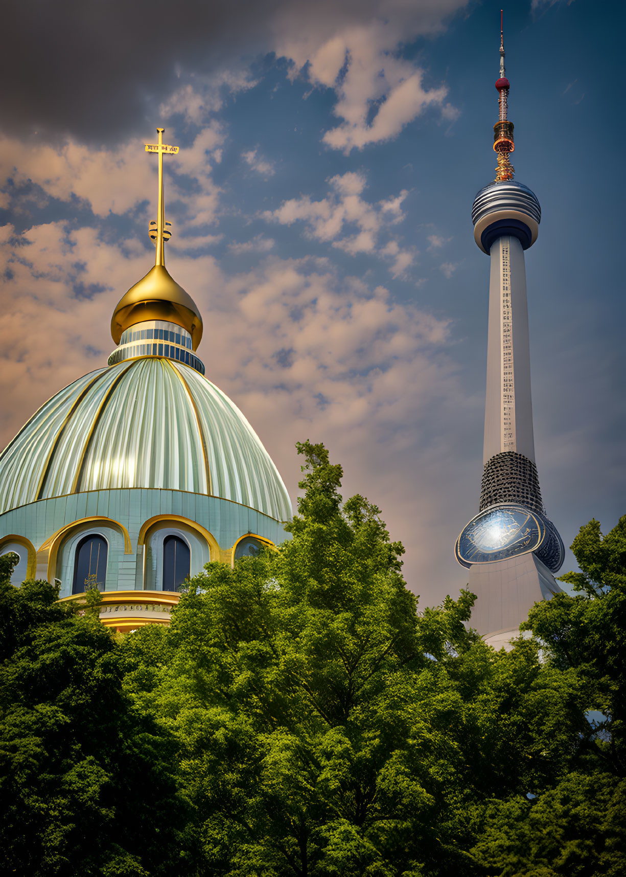 Domed church with gold cross next to modern tower with spherical structure in green landscape under cloudy sky