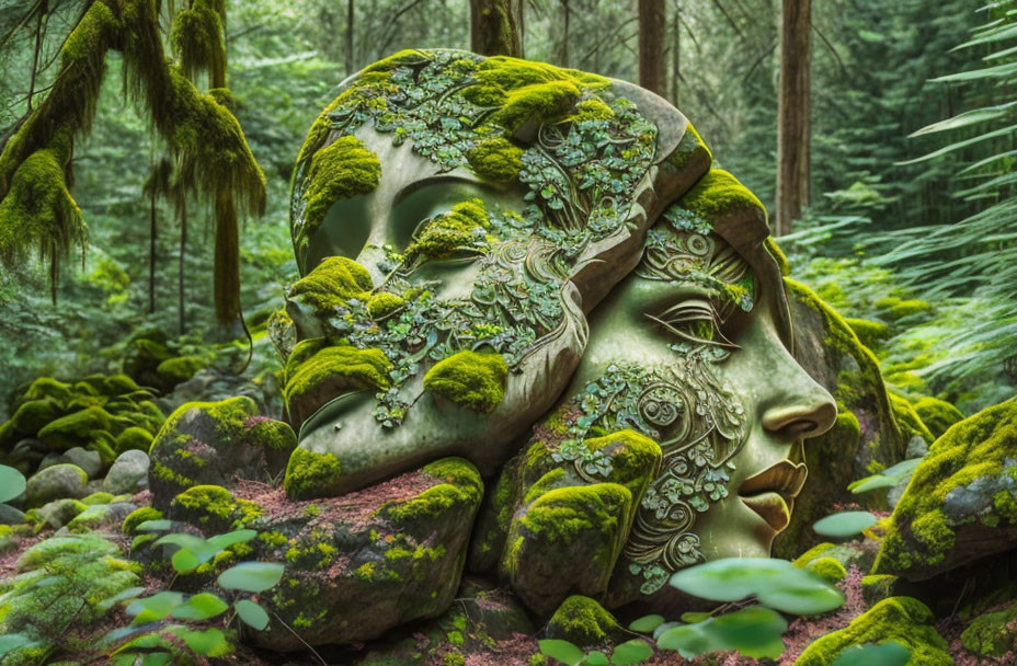 Moss-covered sculpture of two faces among rocks and greenery