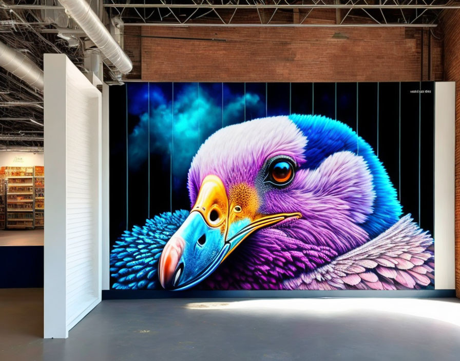 Colorful Eagle Head Mural in Industrial Gallery Setting