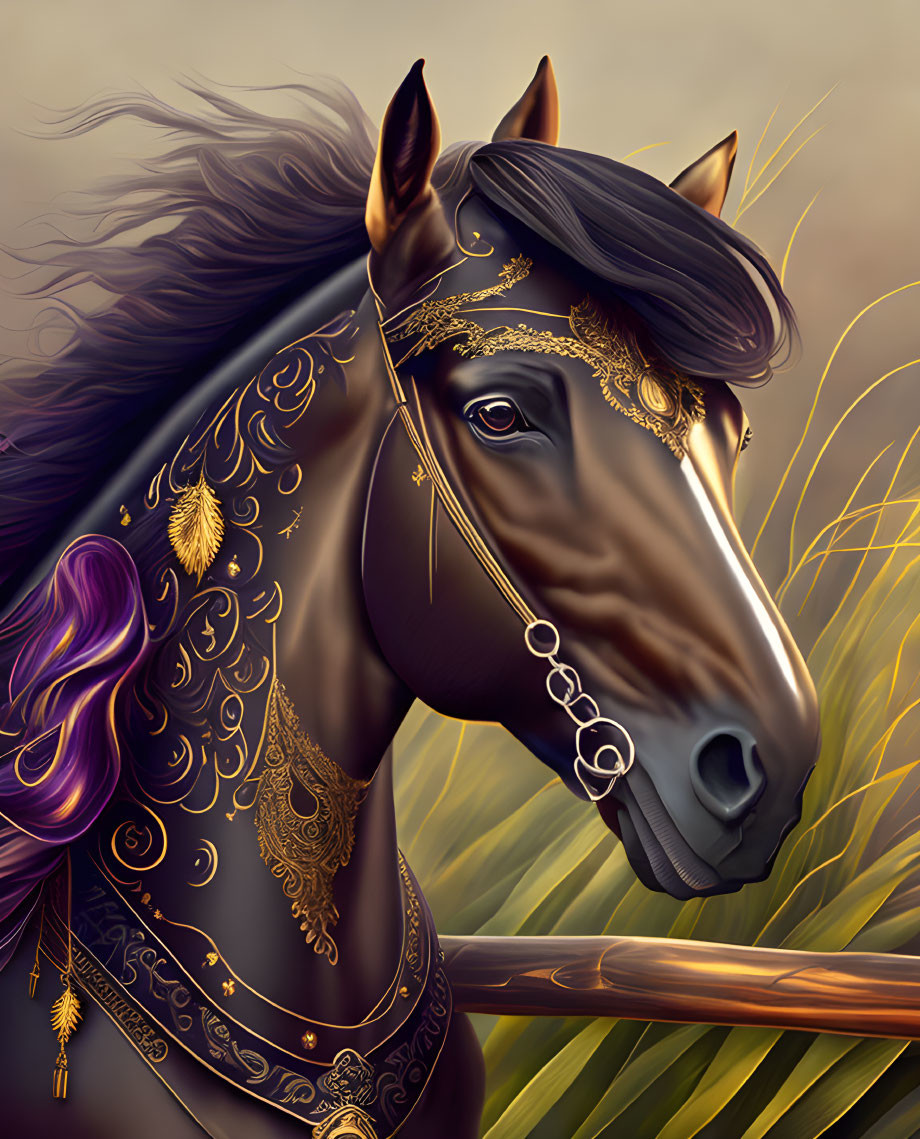 Intricately detailed black horse with golden accents and purple mane in grassy setting