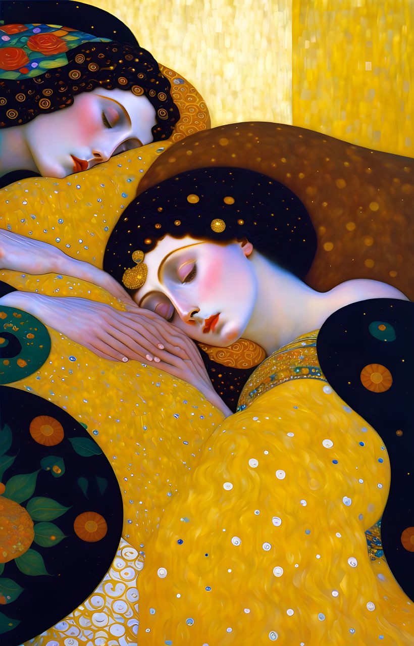 Stylized painting of two individuals in golden robes evokes serene intimacy