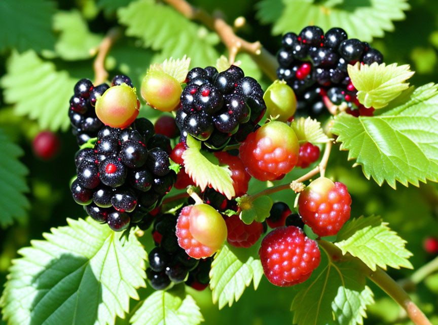 Fresh Blackberries and Green Berries on Sunlit Bush