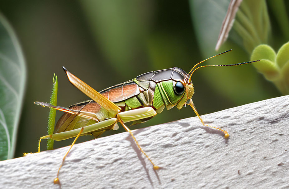 Colorful Grasshopper Close-Up on White Surface with Green Foliage