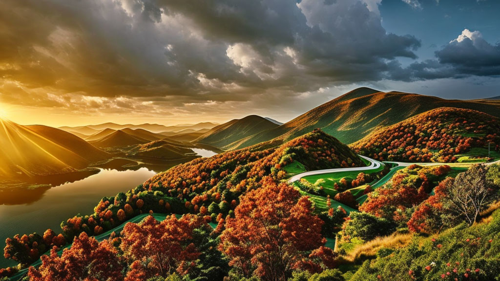 Scenic sunset view of winding road, hills, autumn foliage, lake, and cloudy sky