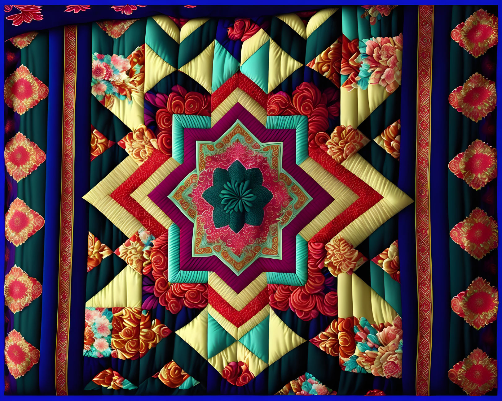 Symmetrical patterned quilt with vibrant colors and floral motifs