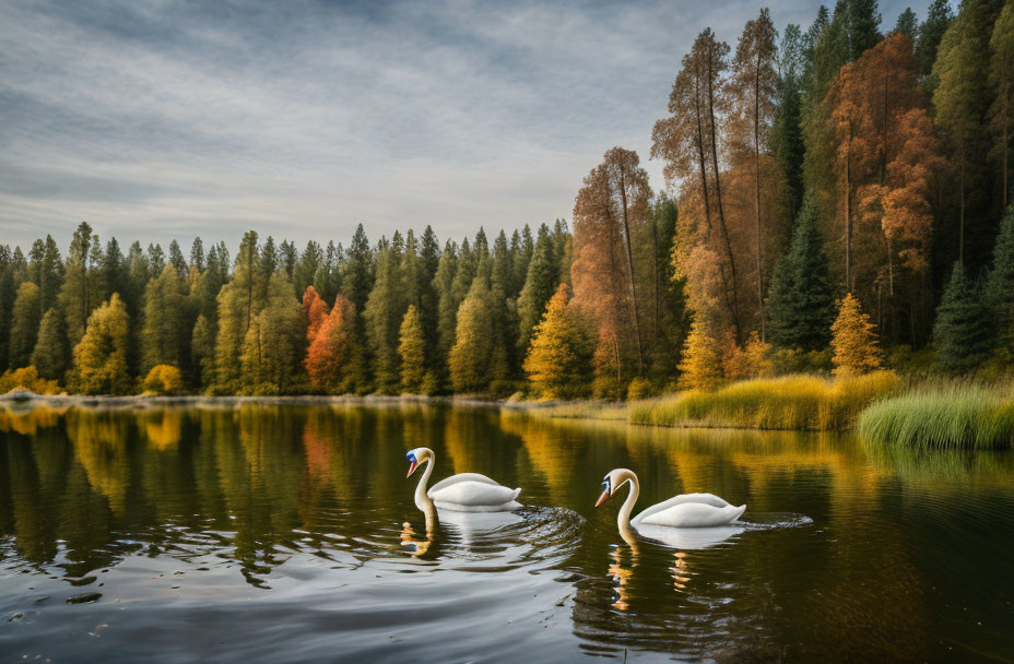 Autumn forest lake scene with swans and clouds