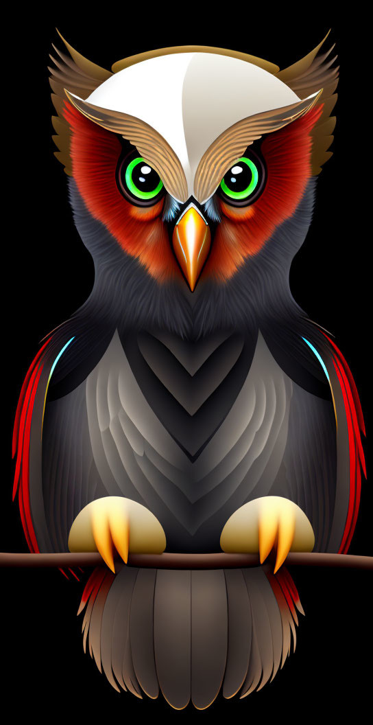 Illustration of stylized owl with green eyes, white face, brown head, red & yellow wings