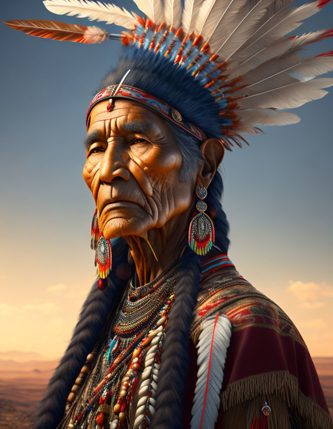 Elder in Feather Headdress and Regalia in Desert Portrait