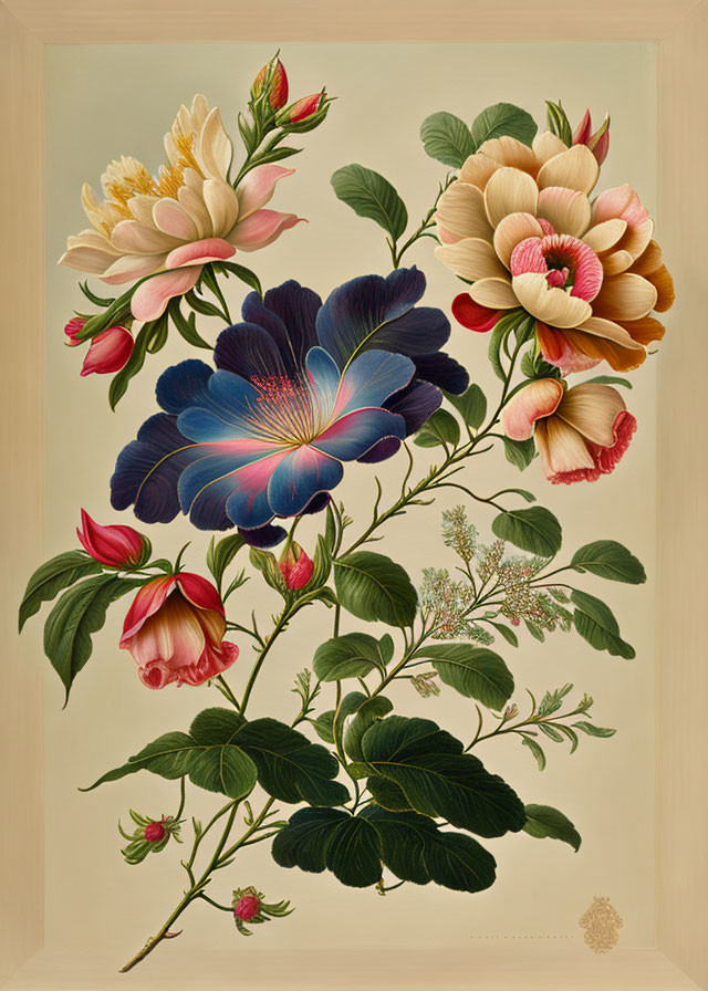 Detailed botanical illustration of vibrant blue flower with red filaments amidst pink and cream blossoms.