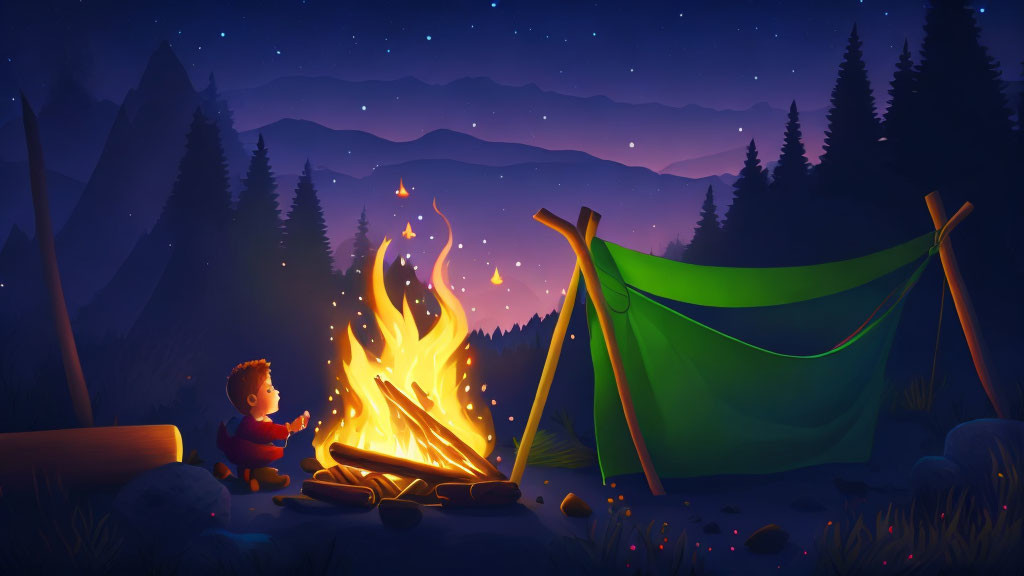 Child by Campfire Cartoon with Green Tent in Night Woods