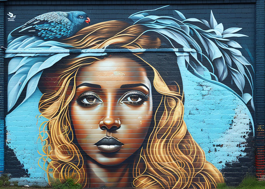 Colorful mural of a woman with flowing hair and intense eyes.