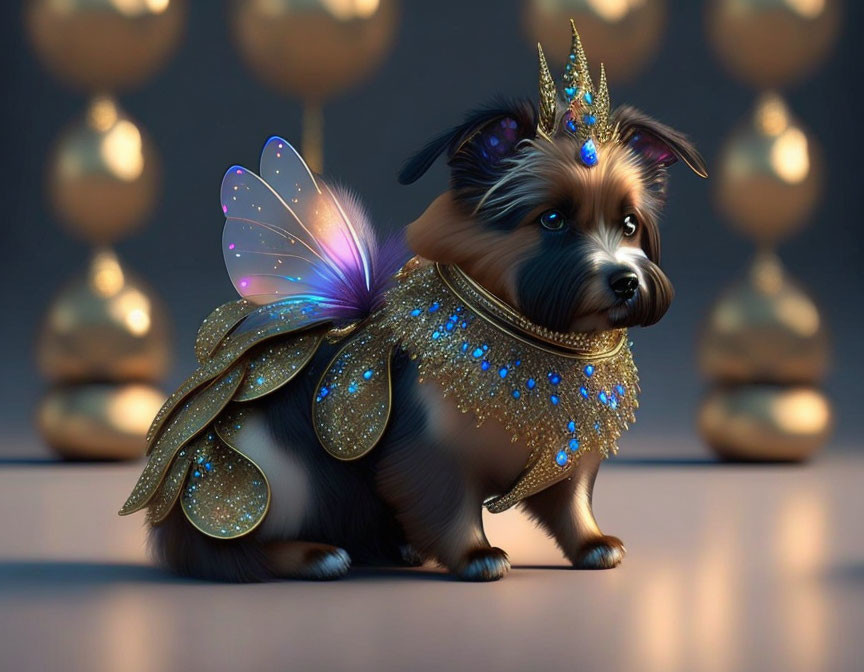 Digital artwork: Small dog with butterfly wings in royal attire and crown, surrounded by golden orbs