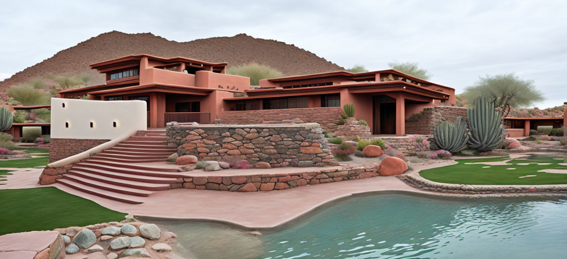 Luxurious Desert House with Terracotta Tones and Tranquil Pond