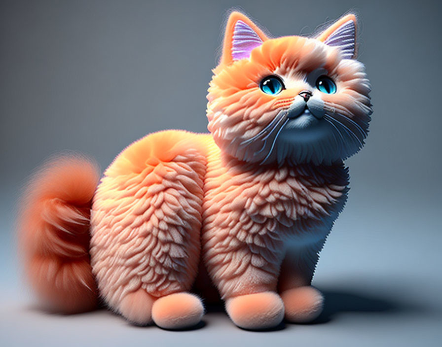 Fluffy orange kitten with blue eyes on grey background